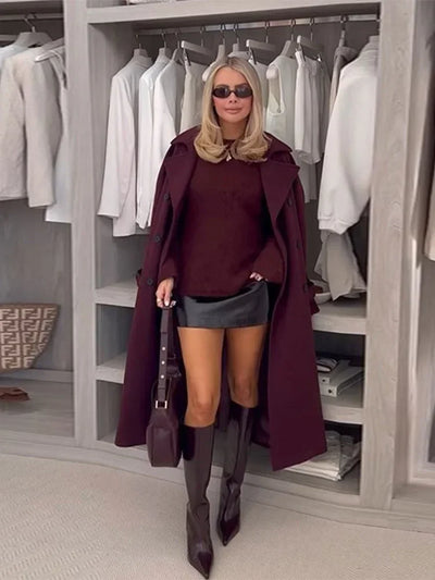 Ngoc | Roter Strickpullover Damen Rundhals Warm Langarm Herbst Winter 2024