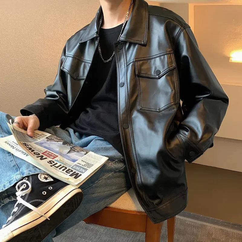 Gintaras | Herren harajuku lederjacke loose fit modisch
