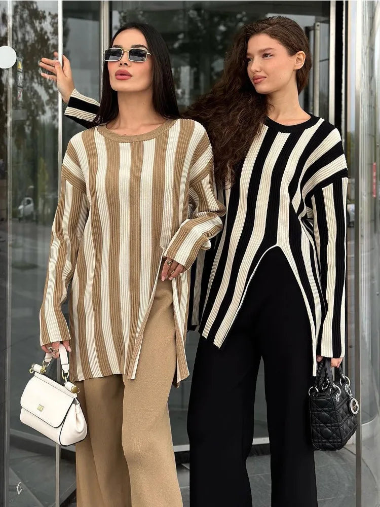Thao | Gestreiftes Strick 2-Teile-Set Damen Modisch