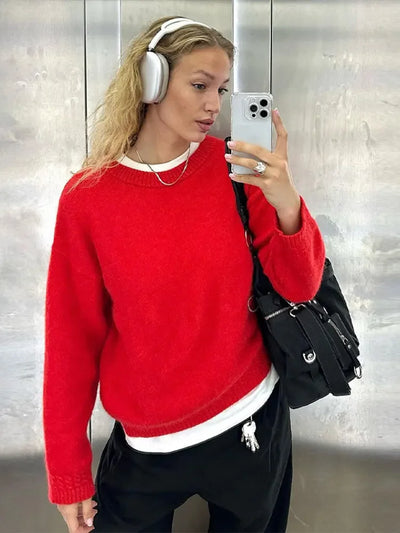 Ara | Eleganter roter Pullover aus Baumwolle mit Rundhalsausschnitt für Damen