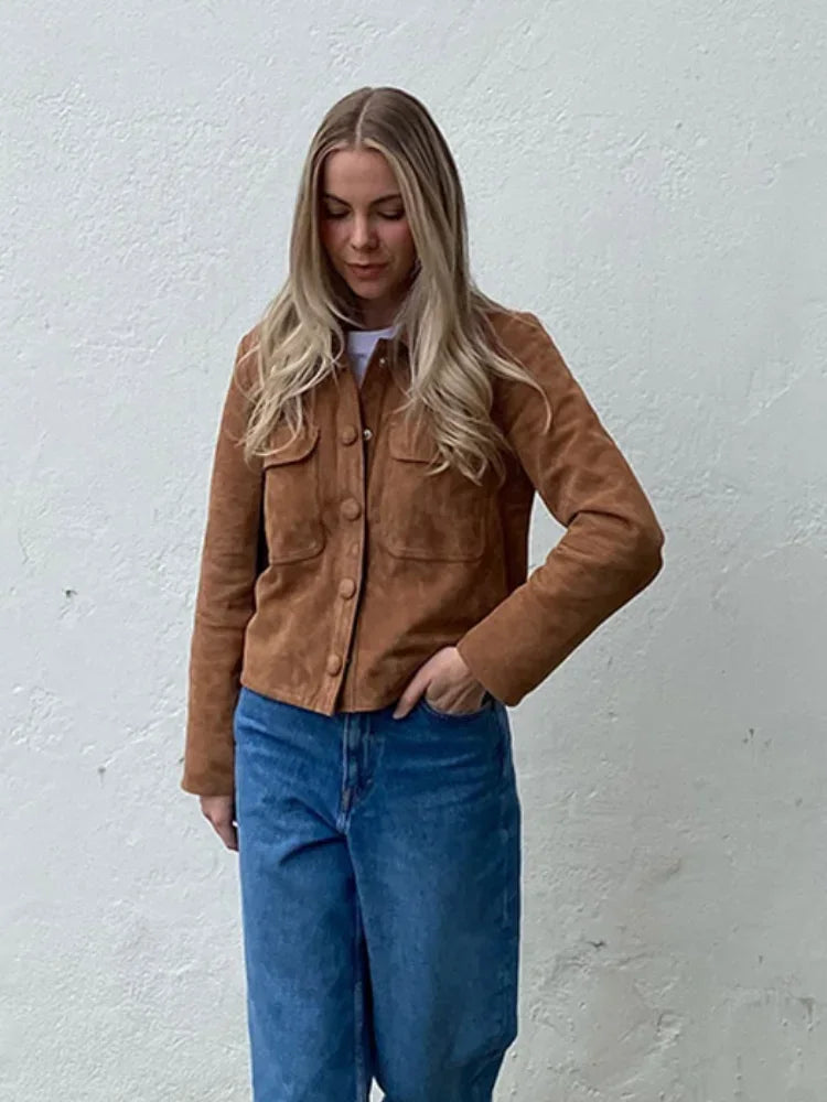 Nadia | Vintage braune Kurzjacke mit langen Ärmeln für Damen