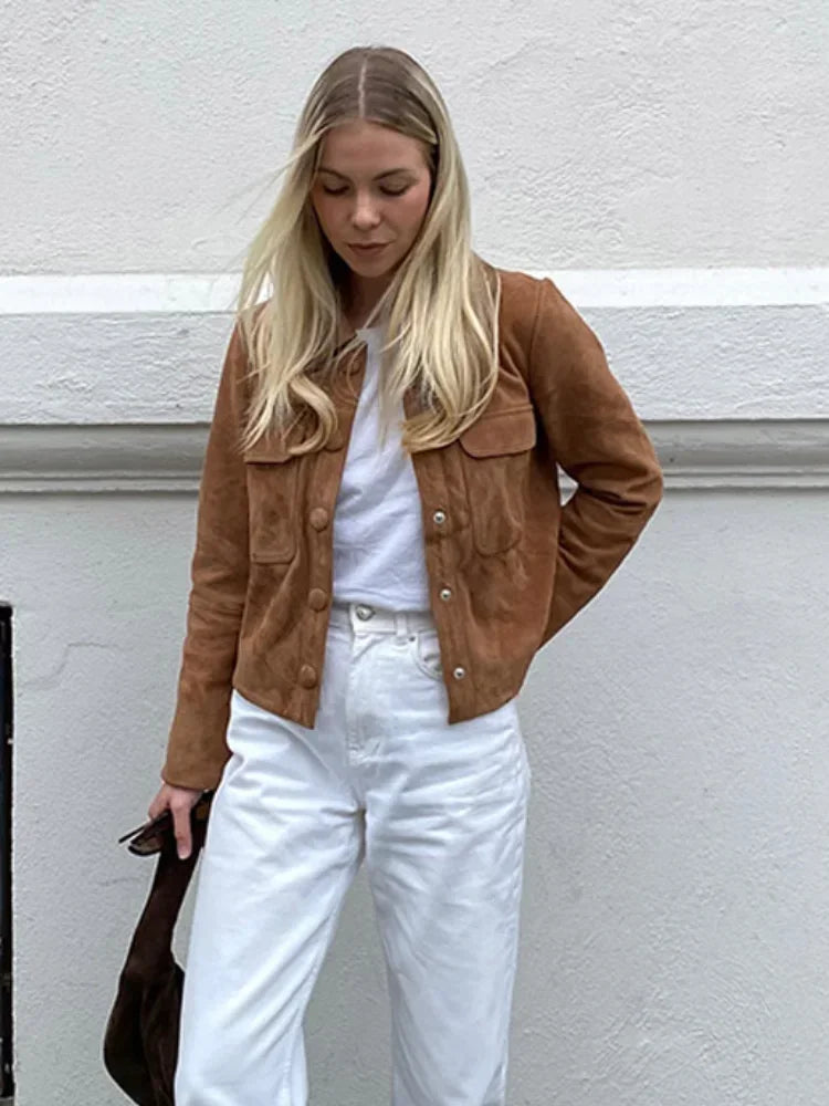 Nadia | Vintage braune Kurzjacke mit langen Ärmeln für Damen
