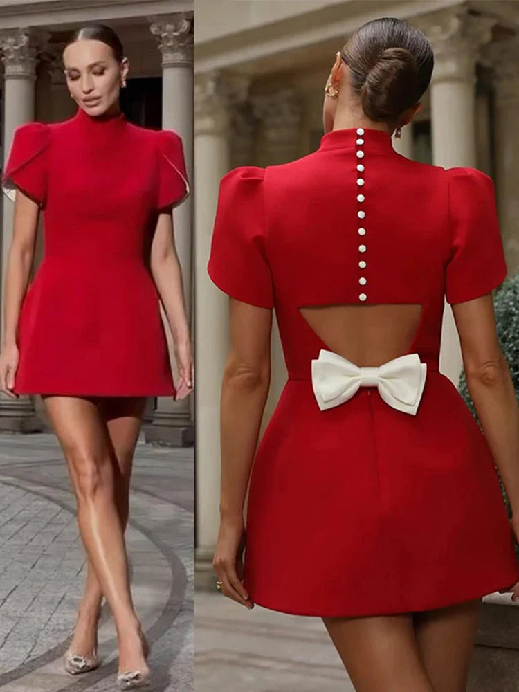 Rugilė | Modisches abendkleid mit schleife für damen rückenfrei puffärmel a-linie mini