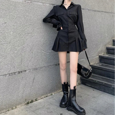 Alie | Damen Hemdkleid Schwarz mit Falten – Vintage Gothic Look