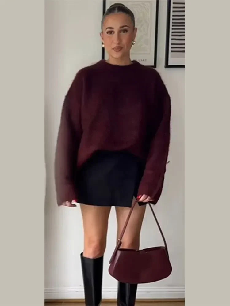 Ngoc | Roter Strickpullover Damen Rundhals Warm Langarm Herbst Winter 2024