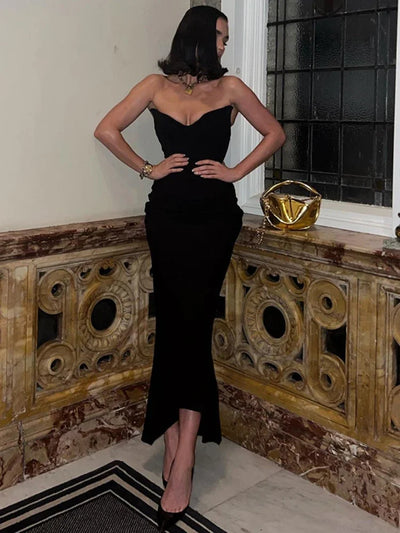 Rani | Schwarzes Sexy V-Ausschnitt Bodycon Maxikleid mit Wickel-Design