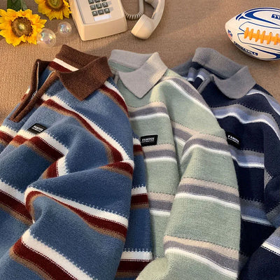 Samir | Bequemer Herren Y2K gestreifter Strick-Polopullover