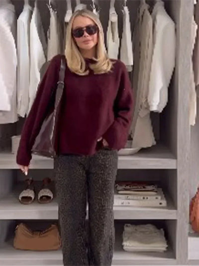 Ngoc | Roter Strickpullover Damen Rundhals Warm Langarm Herbst Winter 2024