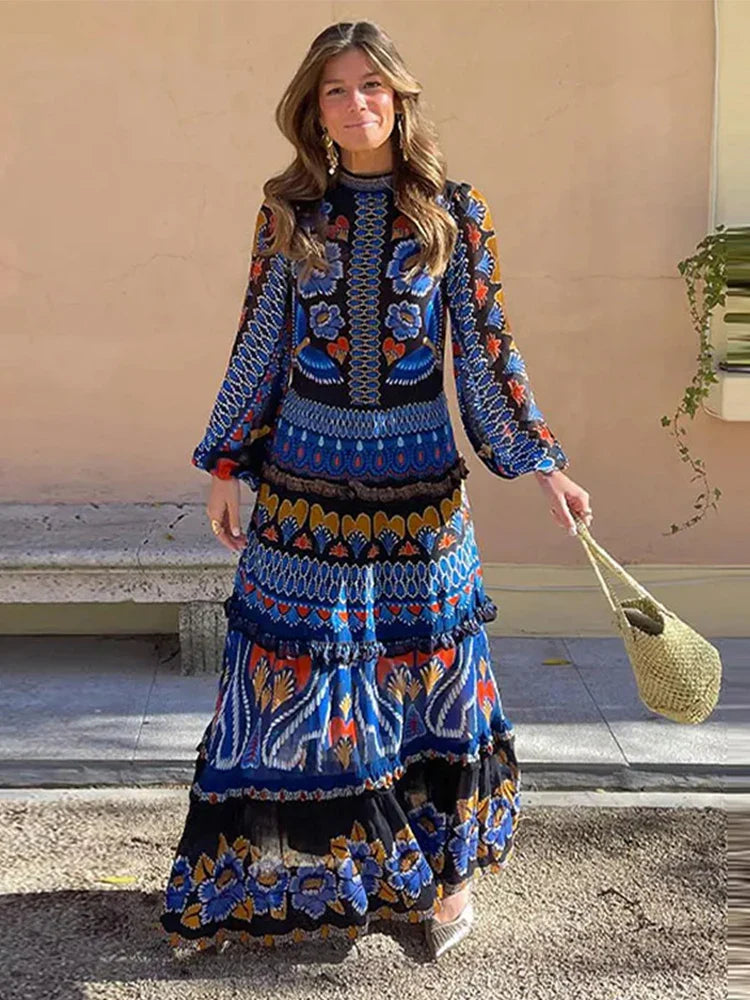 llaoi | Damen Vintage Maxikleid mit Patchwork und Rundhalsausschnitt