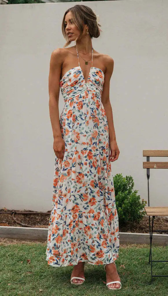 Mocarra | Boho Halter V-Ausschnitt Fließendes Maxikleid