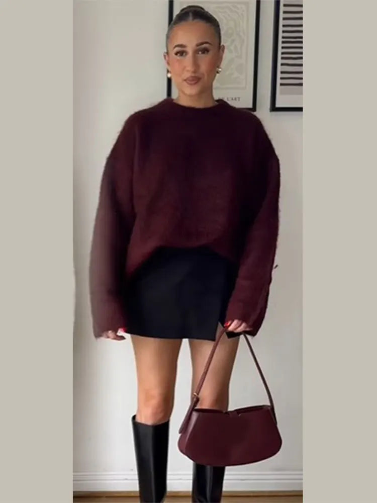 Ngoc | Roter Strickpullover Damen Rundhals Warm Langarm Herbst Winter 2024