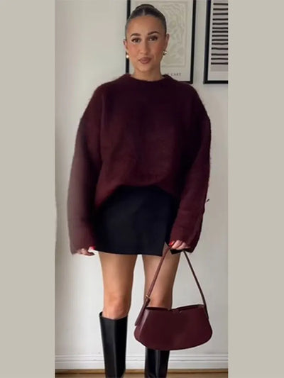 Ngoc | Roter Strickpullover Damen Rundhals Warm Langarm Herbst Winter 2024