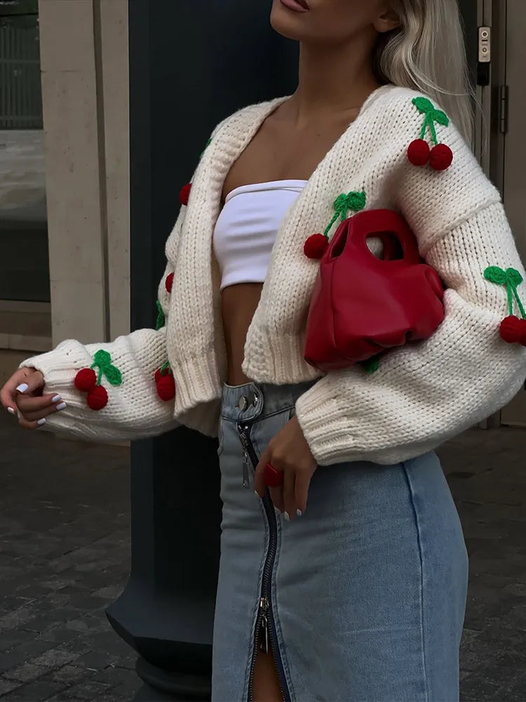 Nes | Strick-cardigan für damen mit kirschmuster