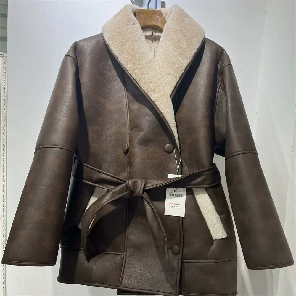 Nadia | Herbst Winter Zweifarbige Leder- und Fell-Windjacke für Damen