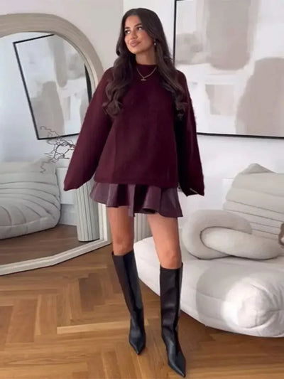 Ngoc | Roter Strickpullover Damen Rundhals Warm Langarm Herbst Winter 2024