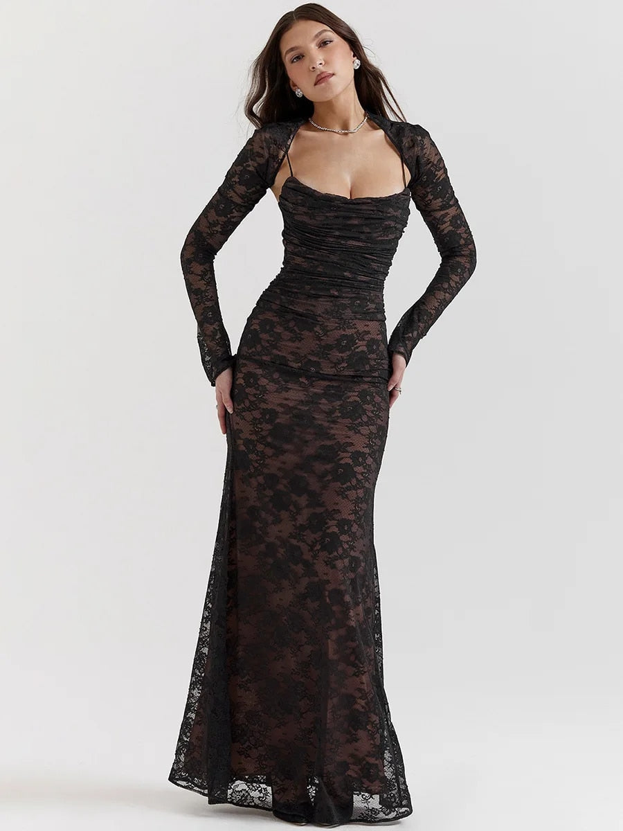Mocarra | Maxikleid mit Schalkordelzug und Spitze