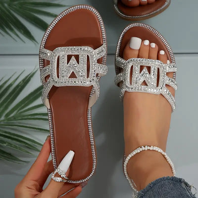 Lean - Glitzernde Strassdekoration Offene Zehe Flache Slide Sandalen [Letzter Tag Rabatt]