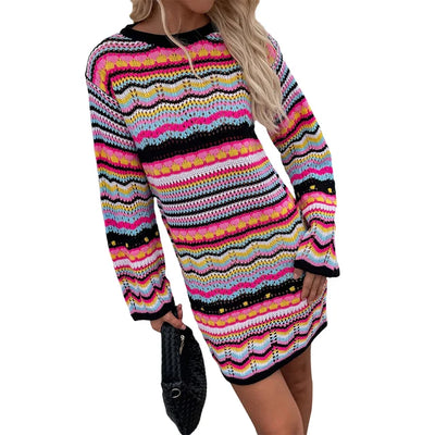 Mocarra | Designer Bohème gestreiftes Strick-Häkel-Pullover-Kleid