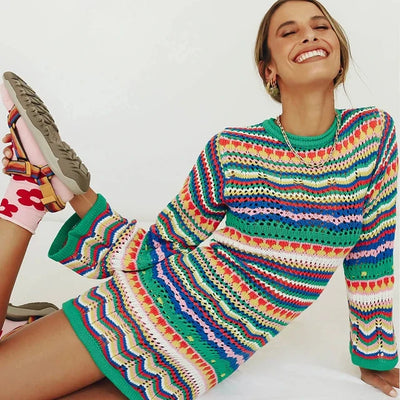 Mocarra | Designer Bohème gestreiftes Strick-Häkel-Pullover-Kleid