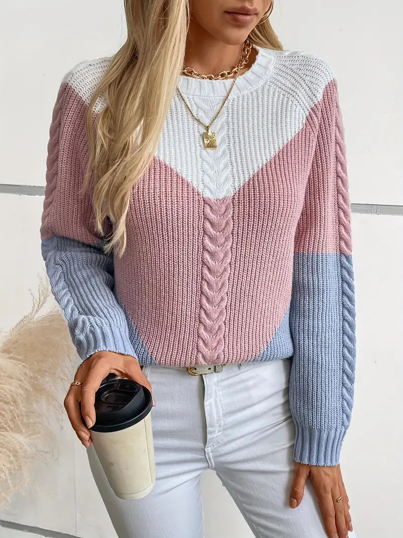 SCHICKER FARBBLOCK RUNDHALS-PULLOVER FÜR DAMEN | MODERNER STIL, BEQUEME PASSFORM