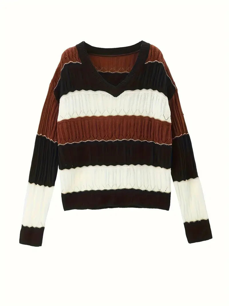 ELEGANTER GESTREIFTER V-AUSSCHNITT PULLOVER | MODERNER STIL, KOMFORTABEL, VIELSEITIG