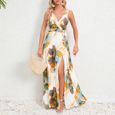 Mocarra | Sommer Mode Taille Krawatte Schlitz Design ärmelloses Kleid