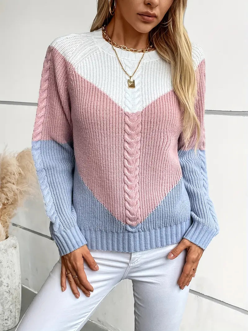 SCHICKER FARBBLOCK RUNDHALS-PULLOVER FÜR DAMEN | MODERNER STIL, BEQUEME PASSFORM