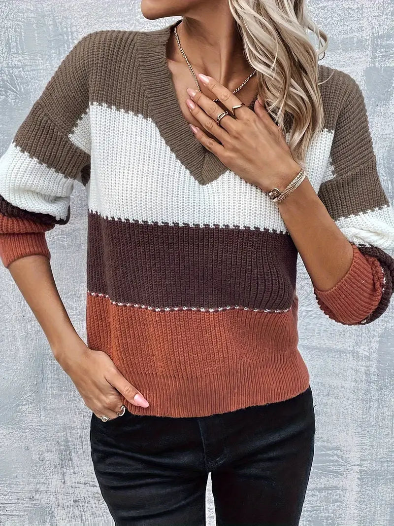 DAME FREIZEIT V-AUSSCHNITT GESTREIFTER PULLOVER | MODERNER STIL, KOMFORTABEL, VIELSEITIG