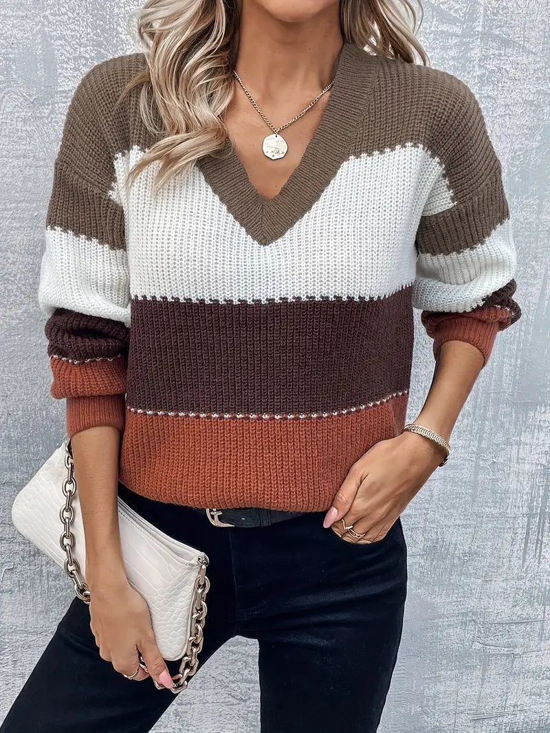 DAME FREIZEIT V-AUSSCHNITT GESTREIFTER PULLOVER | MODERNER STIL, KOMFORTABEL, VIELSEITIG