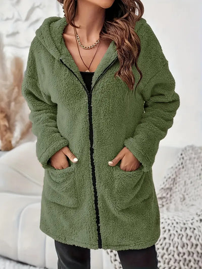 Damen ELEGANTER REISSVERSCHLUSS-PATCH-TASCHEN LANGARM PLÜSCH KAPUZENMANTEL | STILVOLL, BEQUEM, WARM