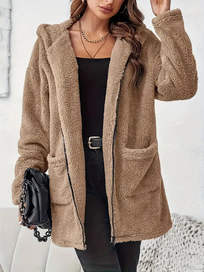 Damen ELEGANTER REISSVERSCHLUSS-PATCH-TASCHEN LANGARM PLÜSCH KAPUZENMANTEL | STILVOLL, BEQUEM, WARM