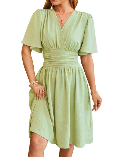 Mocarra | Elegantes Kurzarm-Kleid mit V-Ausschnitt Mode mit Glockenärmeln