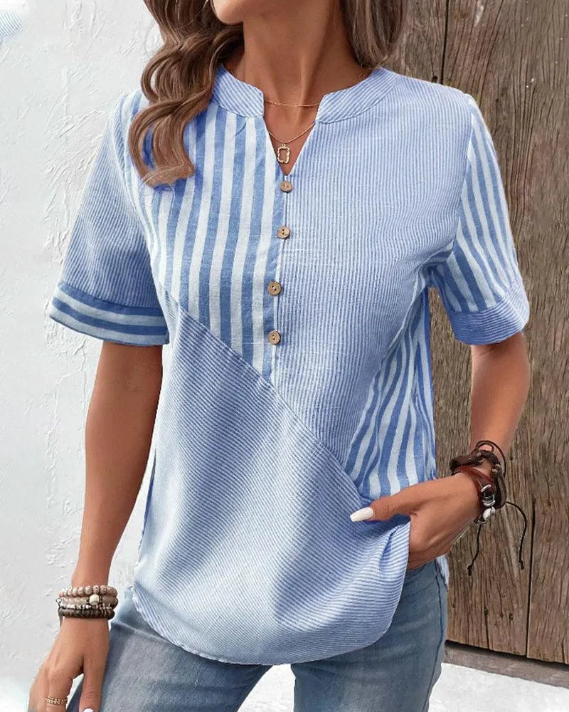 Beanni - Damen Baumwollbluse, V-Schlitz Rundhals, Kurzarm