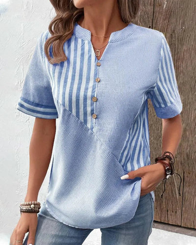 Beanni - Damen Baumwollbluse, V-Schlitz Rundhals, Kurzarm