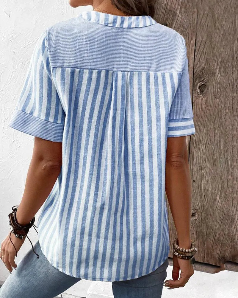 Beanni - Damen Baumwollbluse, V-Schlitz Rundhals, Kurzarm