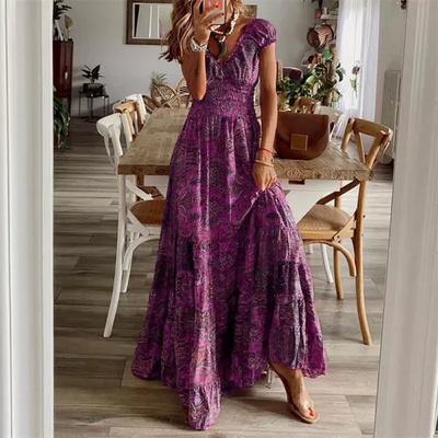 Mocarra |  Bohemian Maxi gesmockt Taille und Blumen
